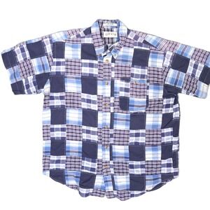 Vintage ORVIS Patchwork Madras Chambray‎ Plaid Short Sleeve Shirt Mens Sz L Blue